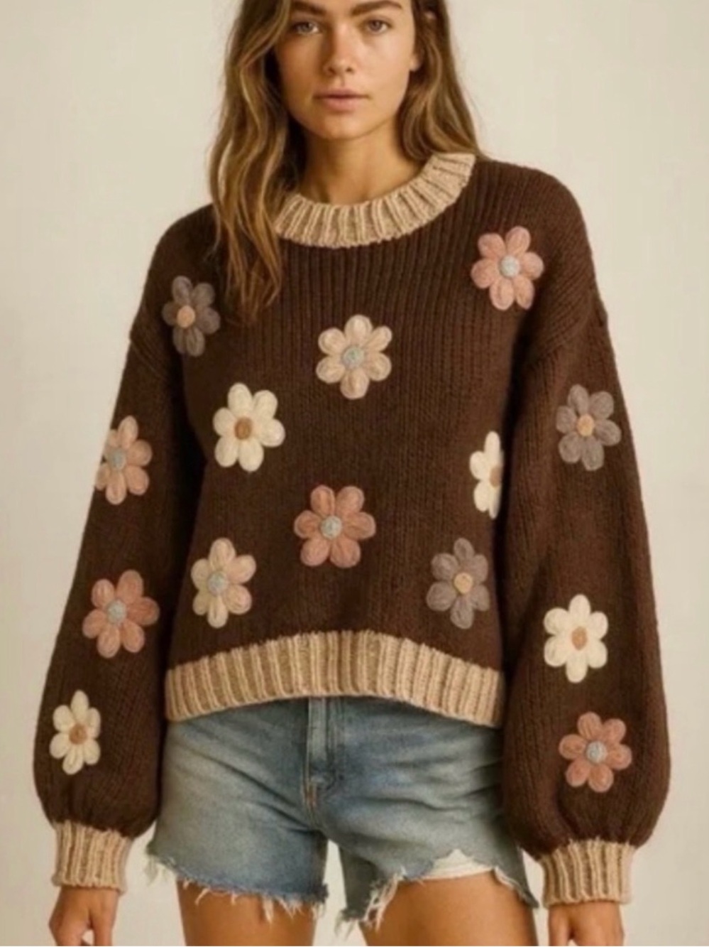 Luna Ivy Floral Embellished chunky knit Brown Sweater - M